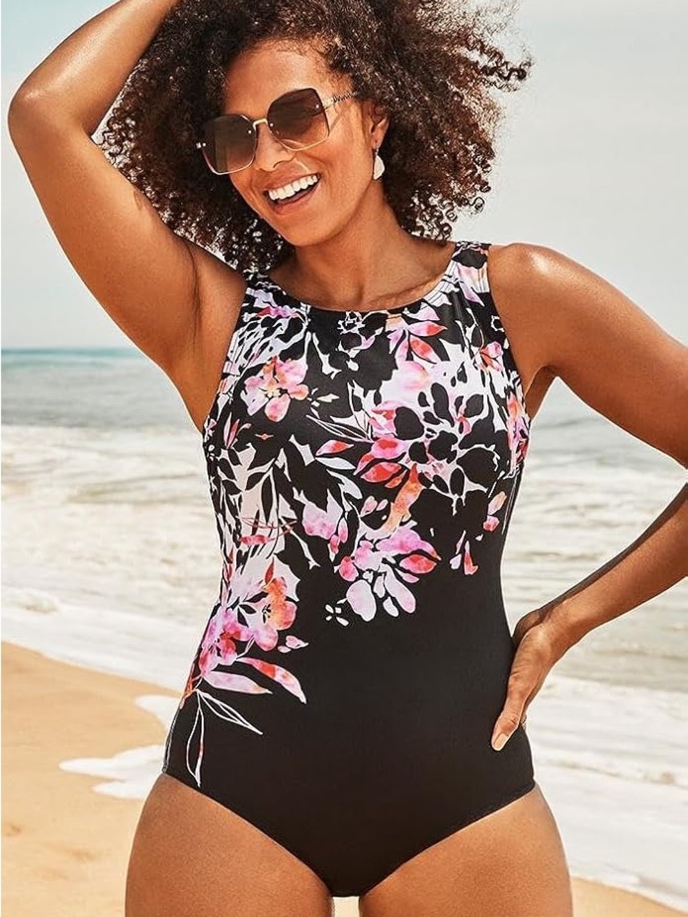 Swimsuits For All Black One-Piece Swimsuit with Pink Floral Print